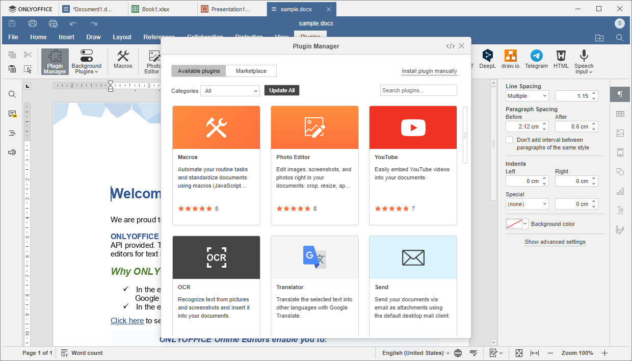 Plugins Registerkarte