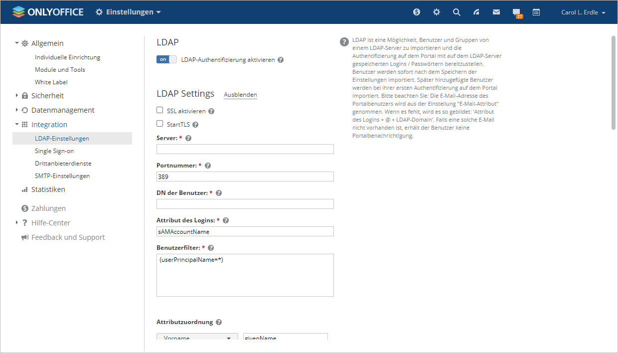 LDAP-Einstellungen - Startseite