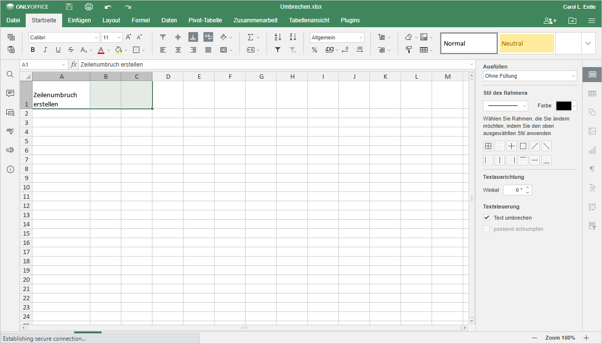 Zeilenumbruch in Excel Schritt 1