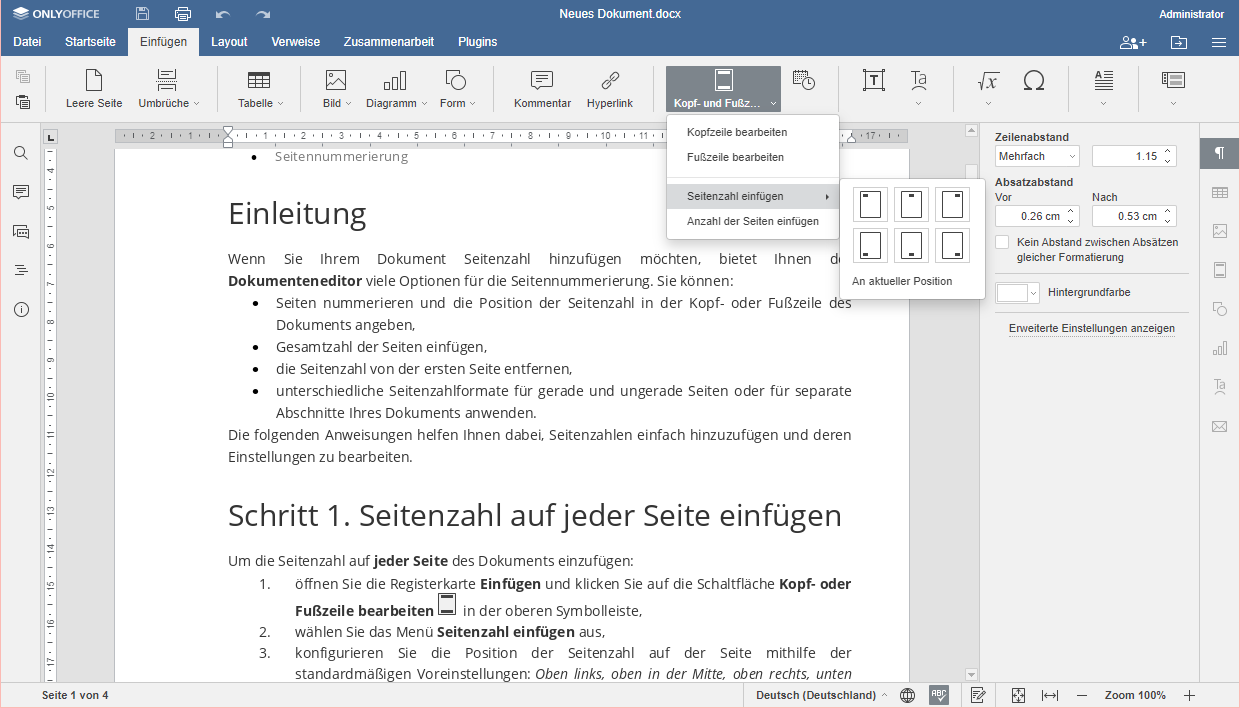 Seitenzahl in Word Schritt 1