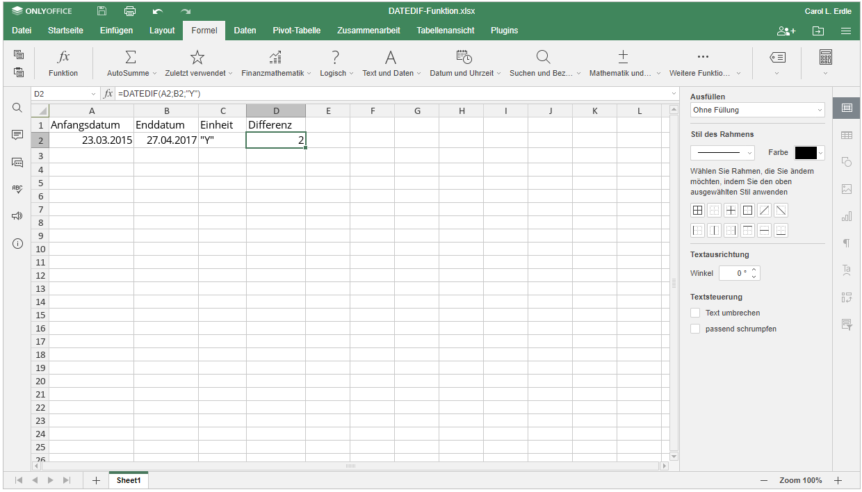 wenn und excel Schritt 1