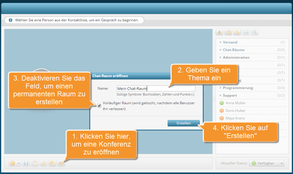 Wie eröffnet man einen Chat-Raum im Chat-Modul? Schritt 2