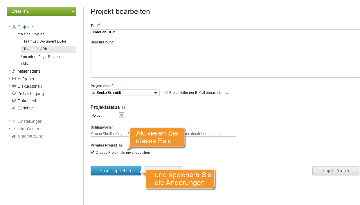 Wie schränkt man den Zugriff auf ein Projekt ein? Schritt 3