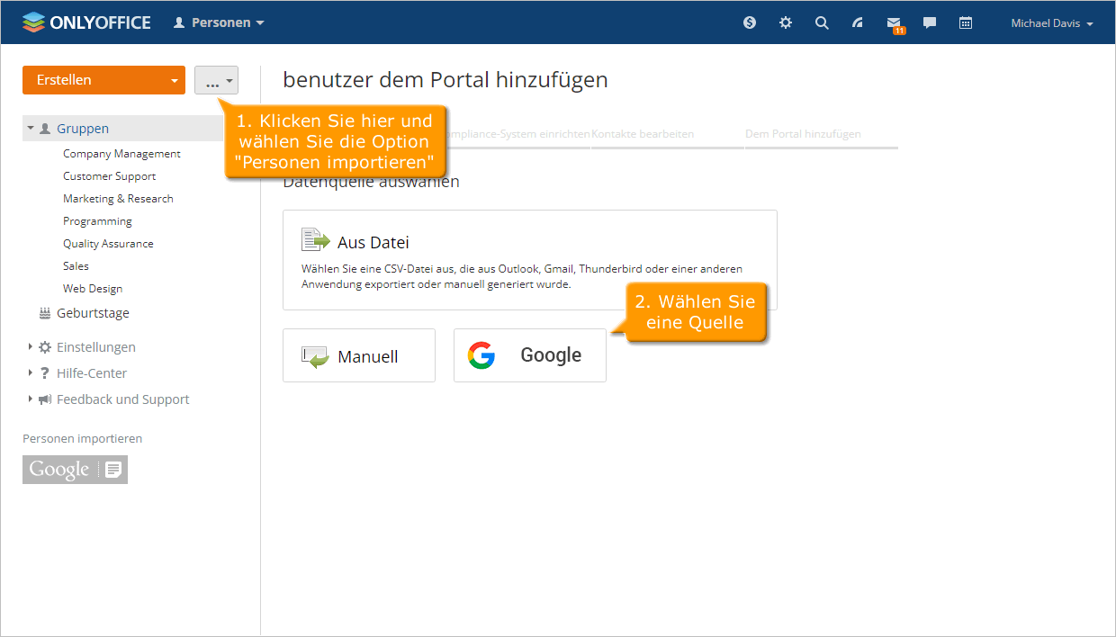 Wie fügt man Benutzer anhand der Kontaktdaten aus Google in ONLYOFFICE hinzu? Schritt 1