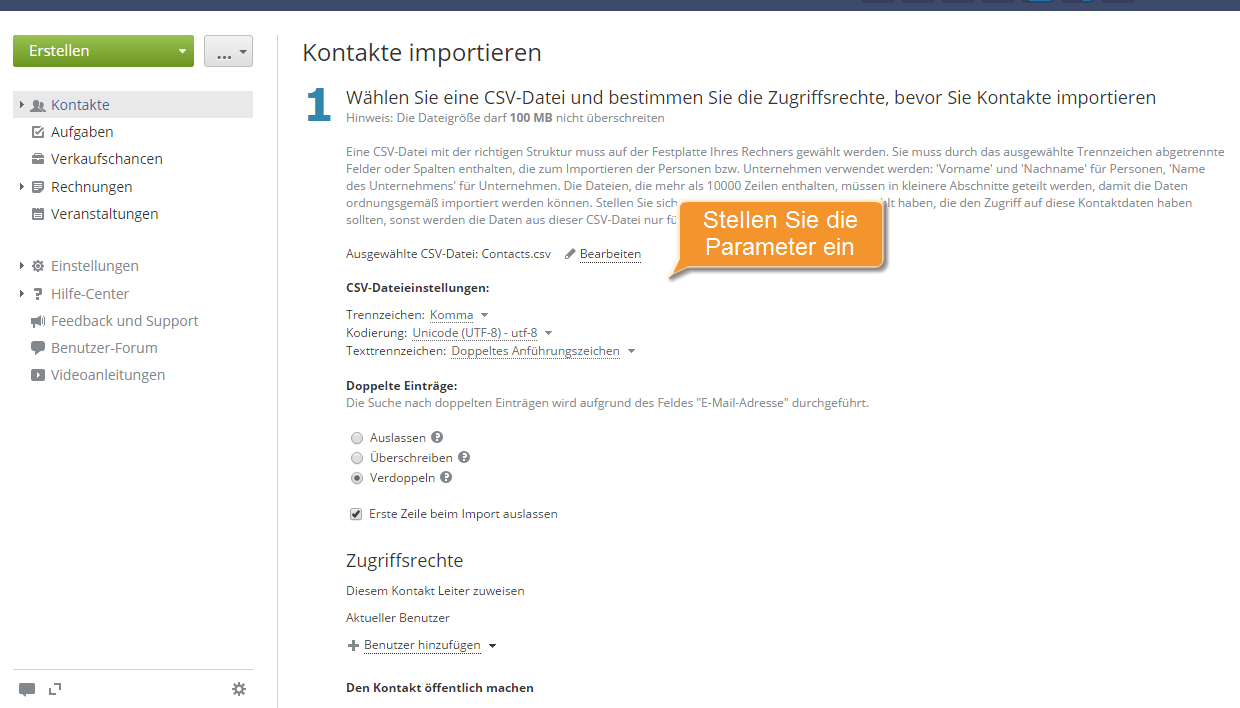 Wie fügt man die Kontakte ins CRM-System massenweise hinzu? Schritt 4