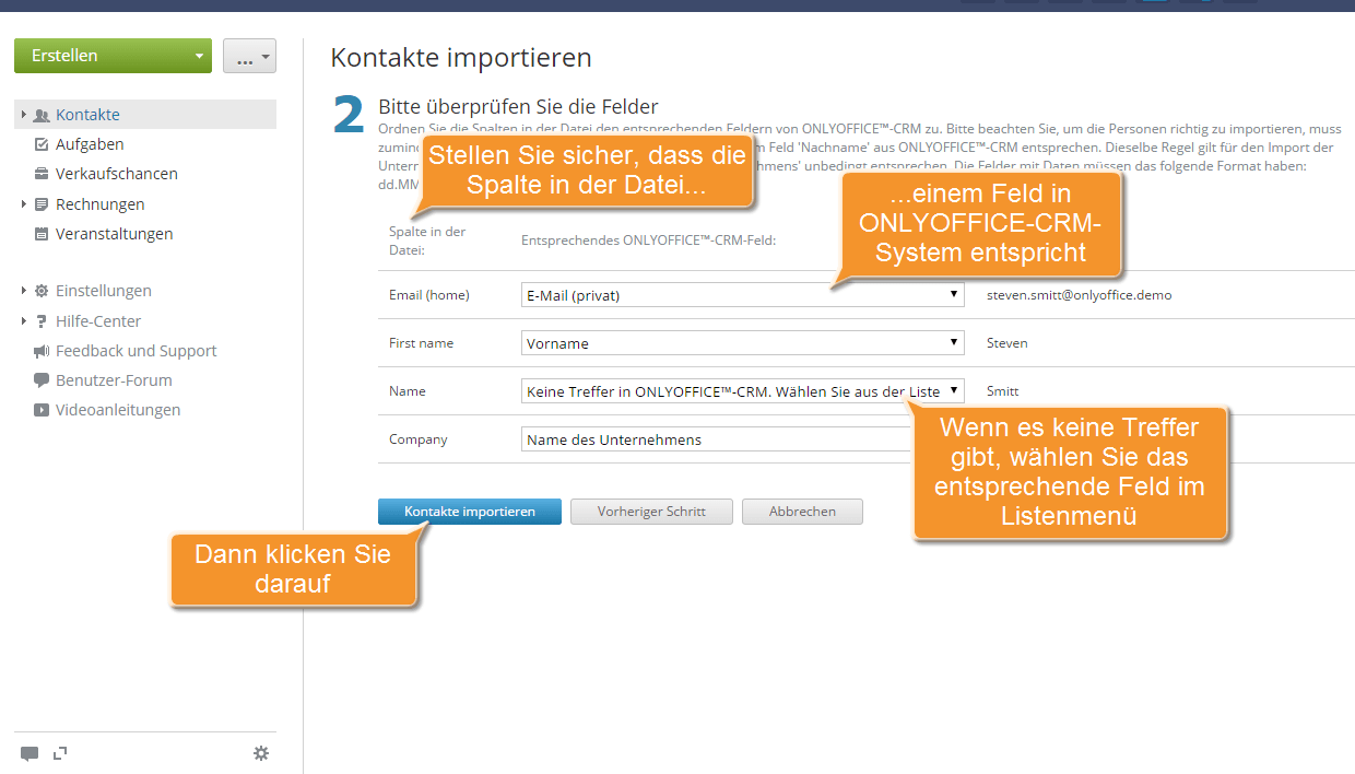 Wie fügt man die Kontakte ins CRM-System massenweise hinzu? Schritt 6