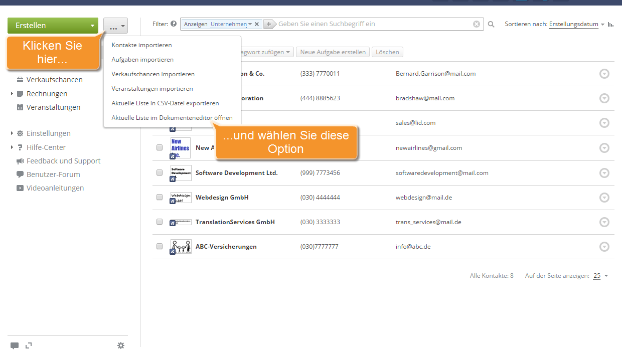 Wie exportieren Sie Ihre CRM-Kundendatenbank und bearbeiten Sie diese mit Spreadsheet Editor? Schritt 3