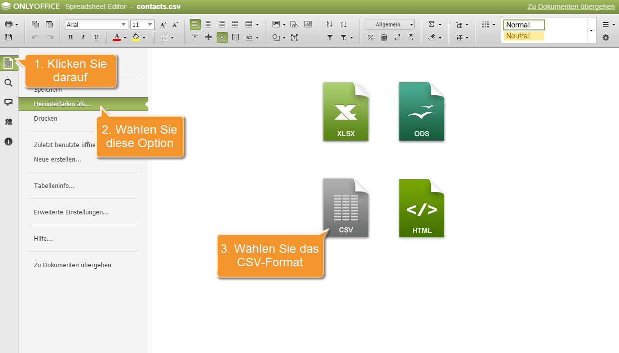 Wie exportieren Sie Ihre CRM-Kundendatenbank und bearbeiten Sie diese mit Spreadsheet Editor? Schritt 4