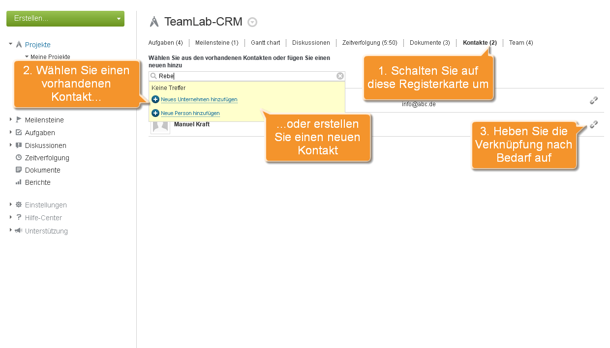 Wie verknüpfen Sie Ihr Projekt mit einem CRM-Kontakt? Schritt 3