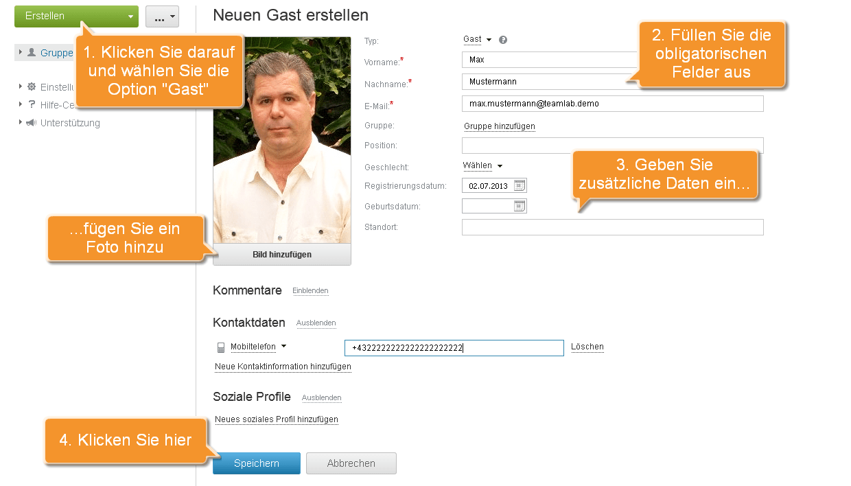 Wie lädt man die Gäste zum ONLYOFFICE ein? Erstellen Sie einen neuen Gast