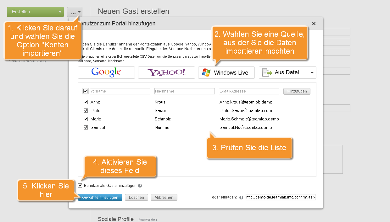Wie lädt man die Gäste zum ONLYOFFICE ein? Importieren Sie die Gastkonten