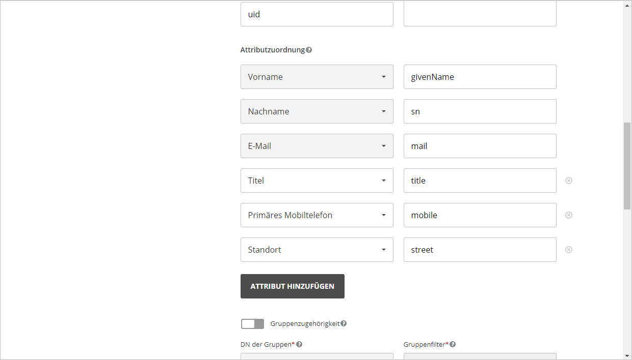 LDAP-Einstellungen - Attributzuordnung