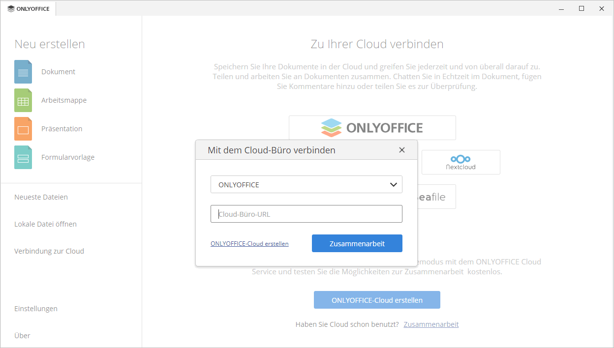 Fenster Mit dem Cloud-Büro verbinden