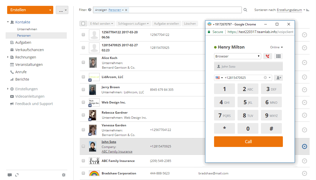 CRM Kontakt anrufen