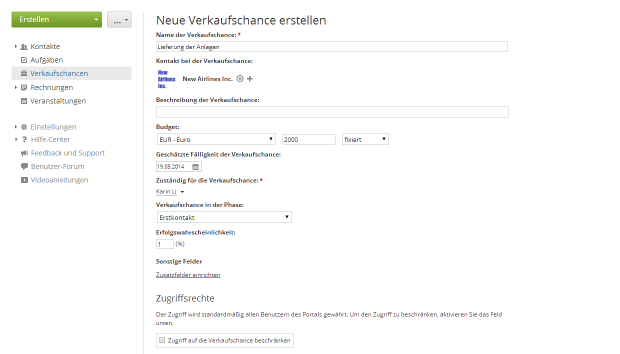 Verkaufschance hinzufügen
