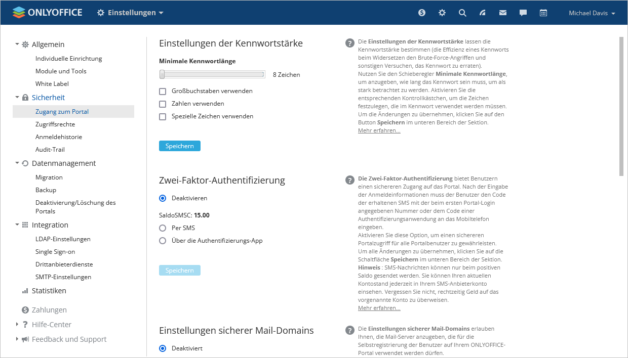Anpassung der Sicherheitseinstellungen des Portals