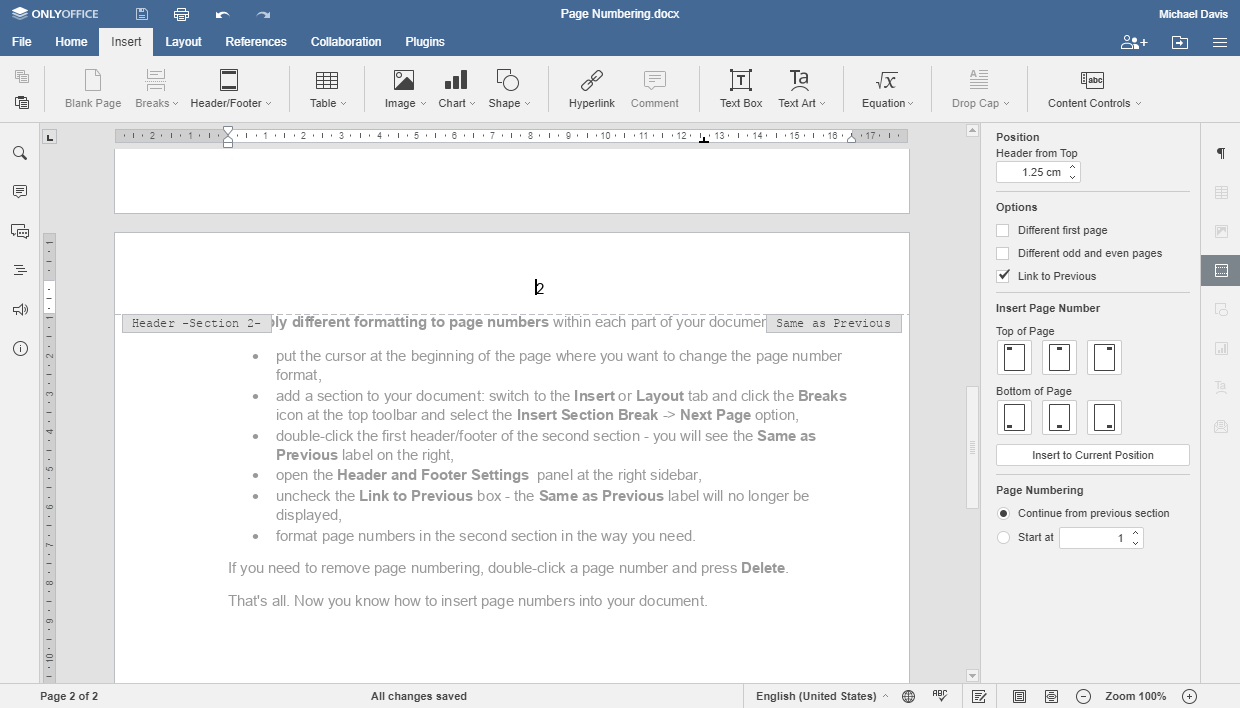page numbers in word Step 2