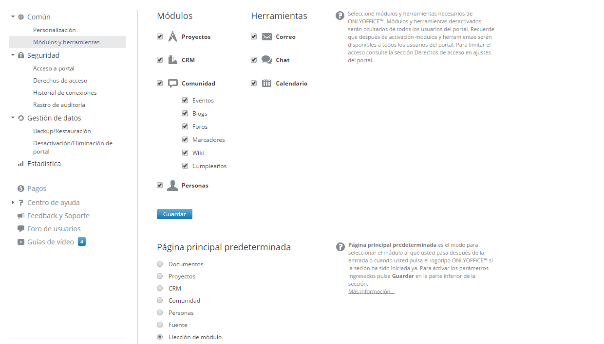 Cambiar ajustes del módulo Comunidad