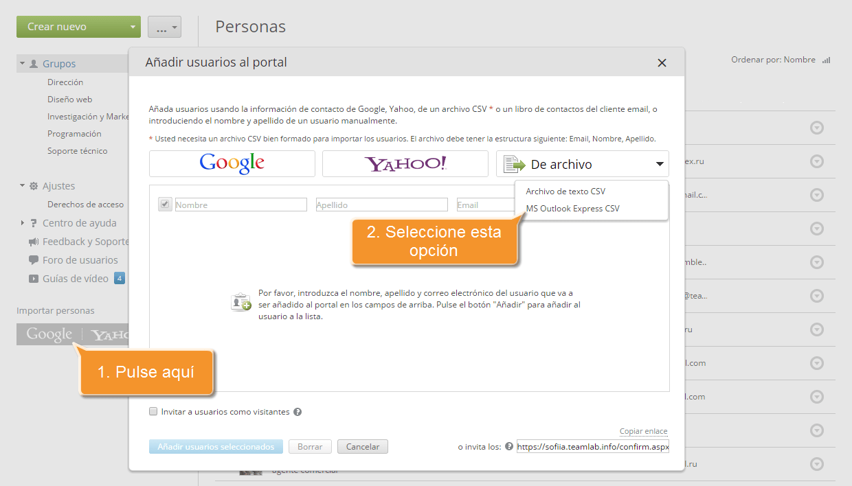 ¿Cómo añadir a los usuarios usando los datos desde una libreta de direcciones de un cliente de correo electrónico? Step 3