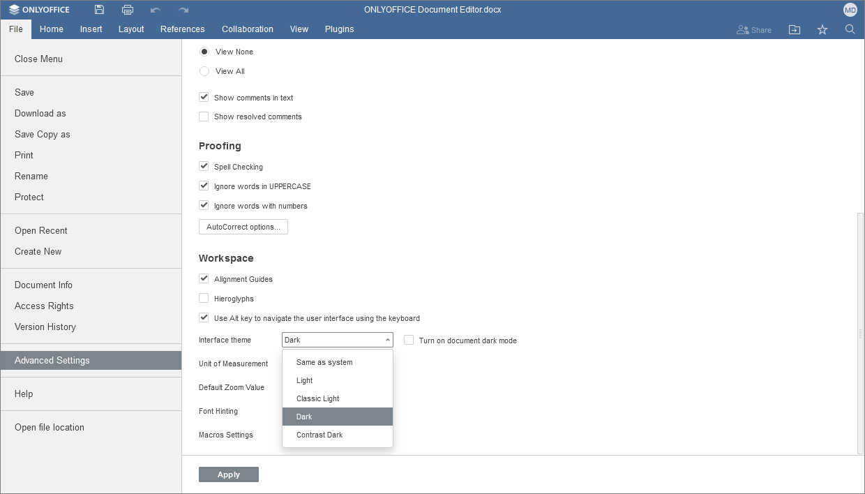Comment activer le thème d'interface sombre?