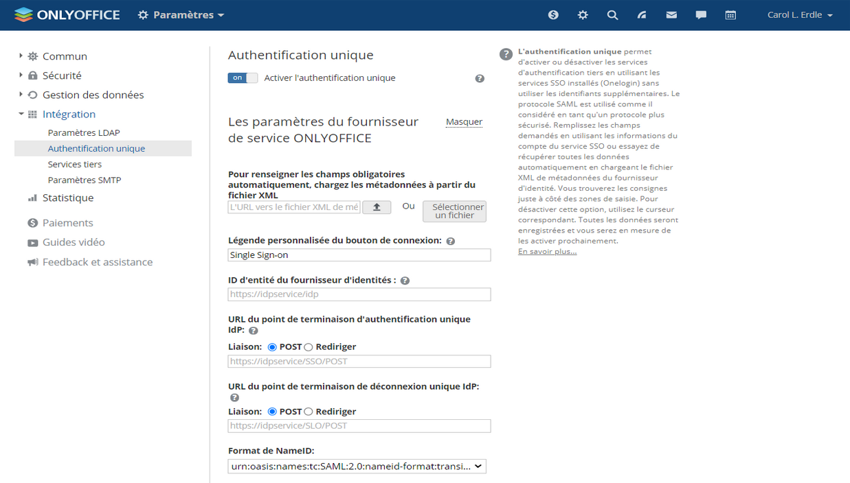 Activation d'authentification unique