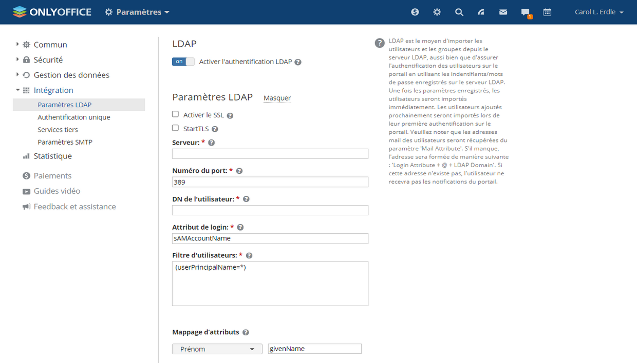 Paramètres LDAP - Page principale