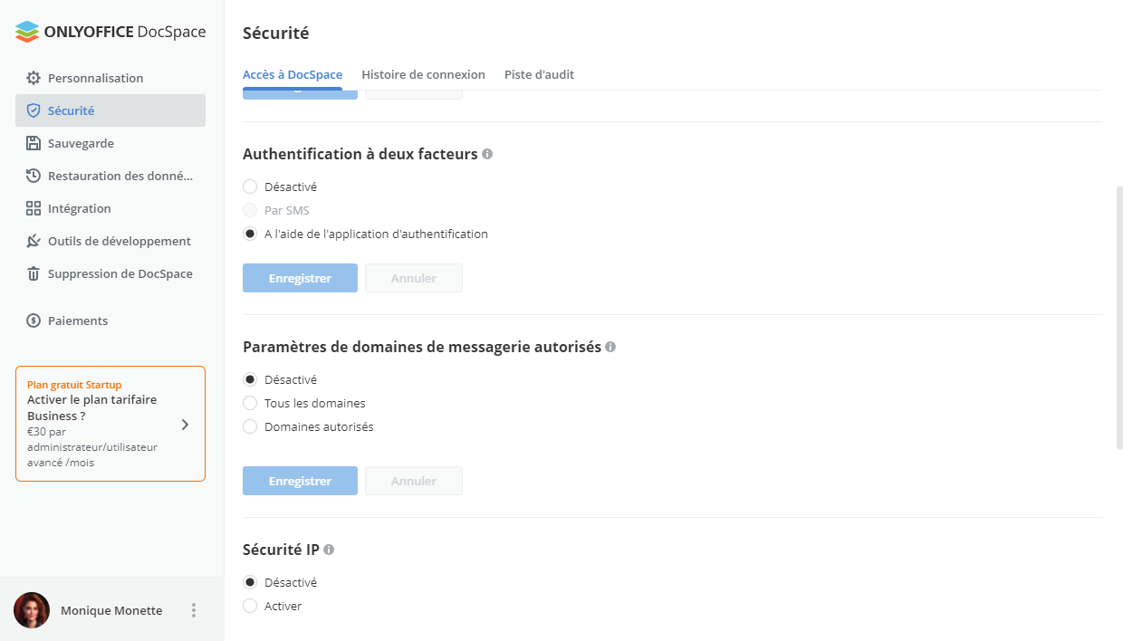 Utiliser l'authentification à deux facteurs dans DocSpace