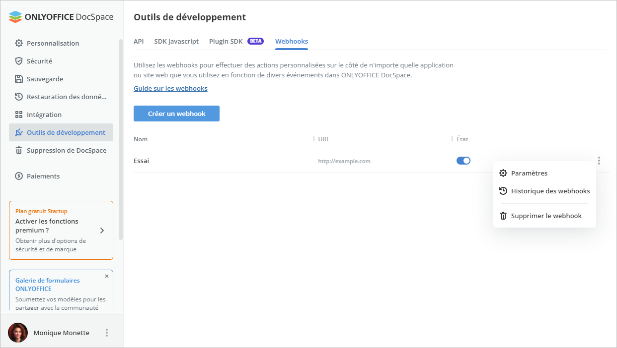 Utiliser des webhooks dans DocSpace