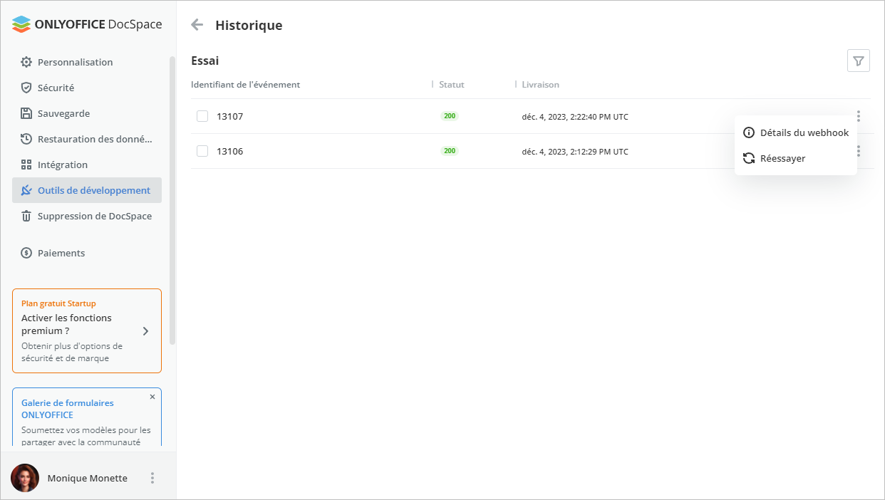 Utiliser des webhooks dans DocSpace