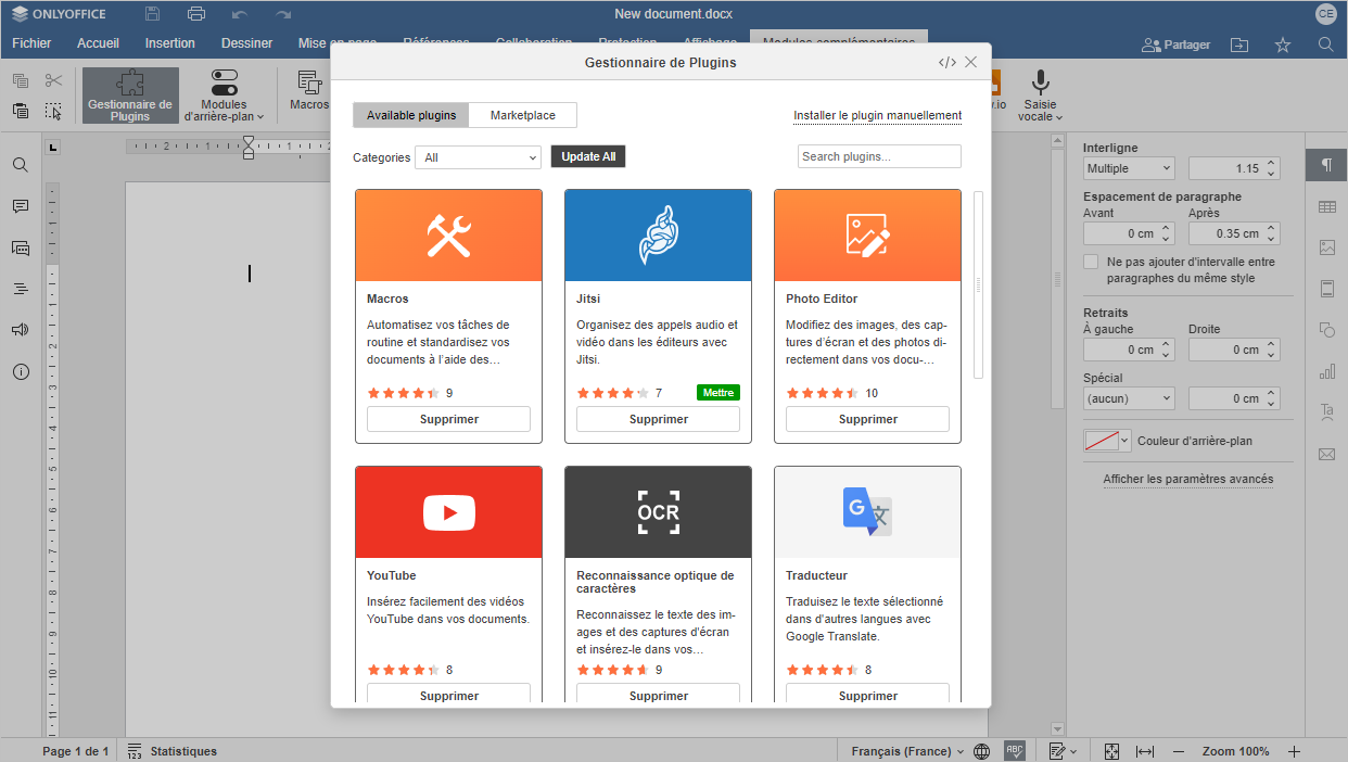Onglet Plugins disponibles