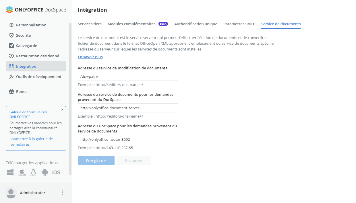 Connecter ONLYOFFICE Docs