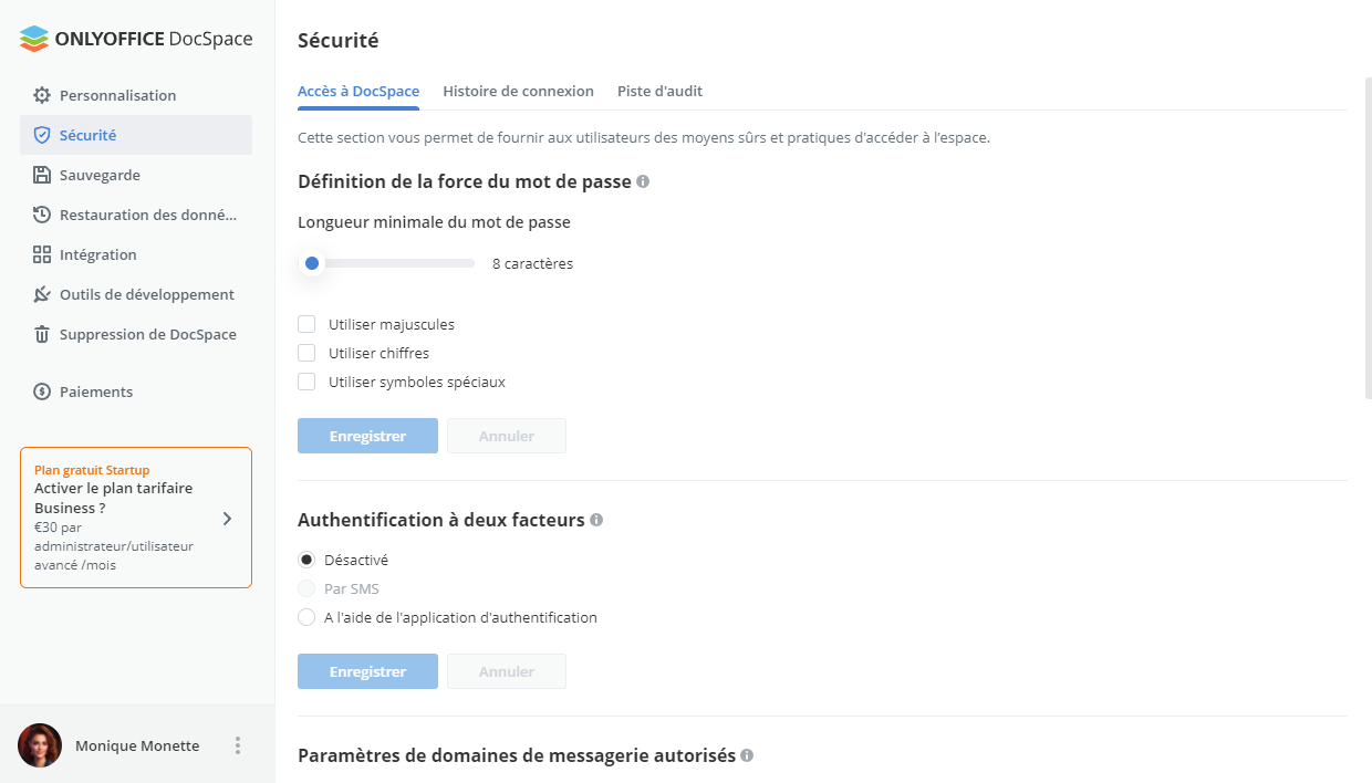 Modification des paramètres d'accès à  DocSpace