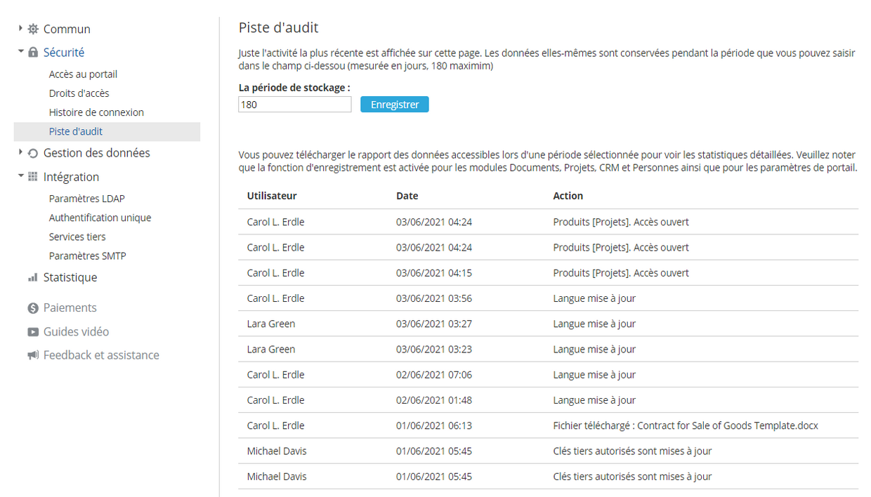 Réception des données de la piste d'audit