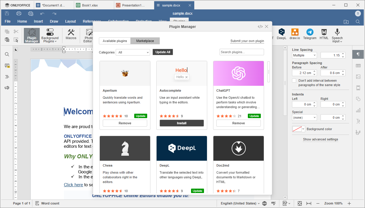Plugins tab