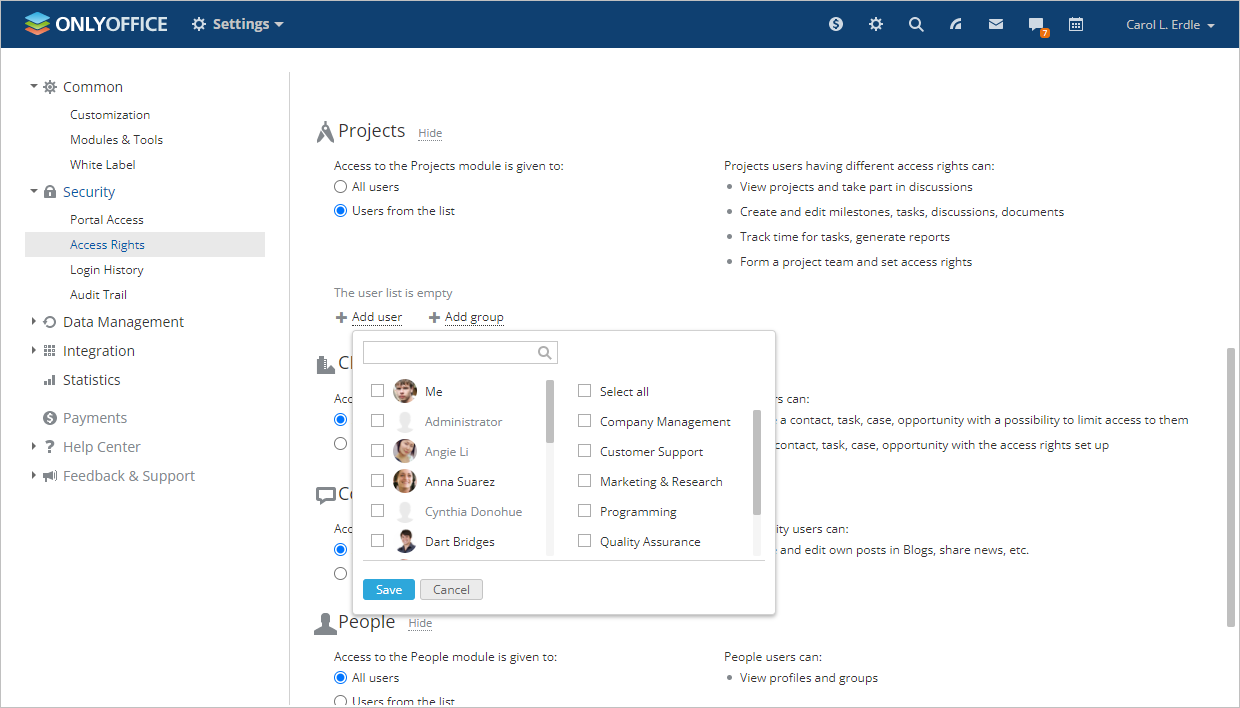 Change Projects Module Settings