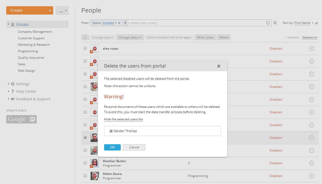 Deleting a profile