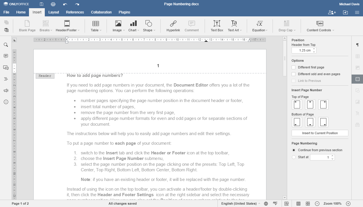 page numbers in word Step 1