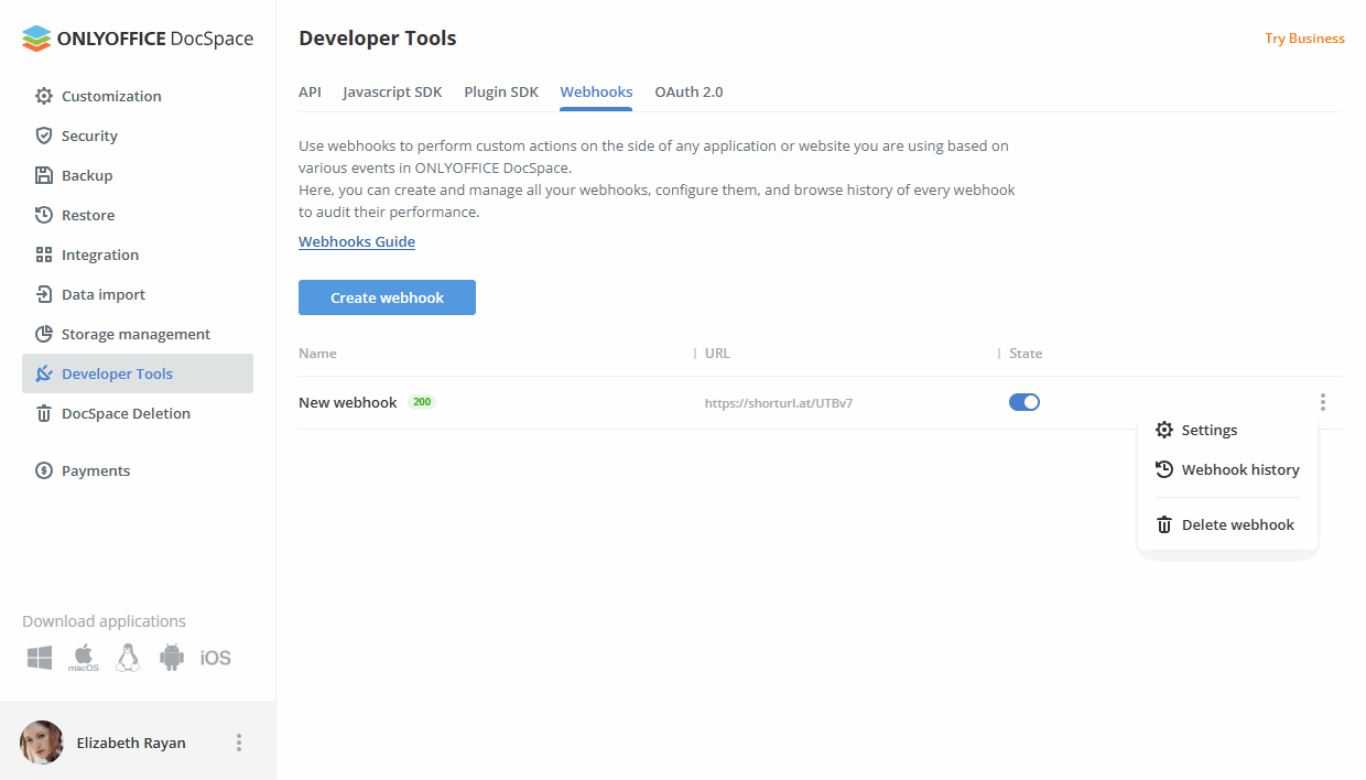 Using webhooks in DocSpace