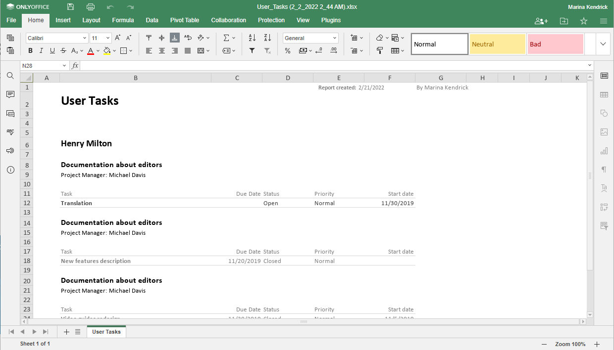 Report types User Tasks