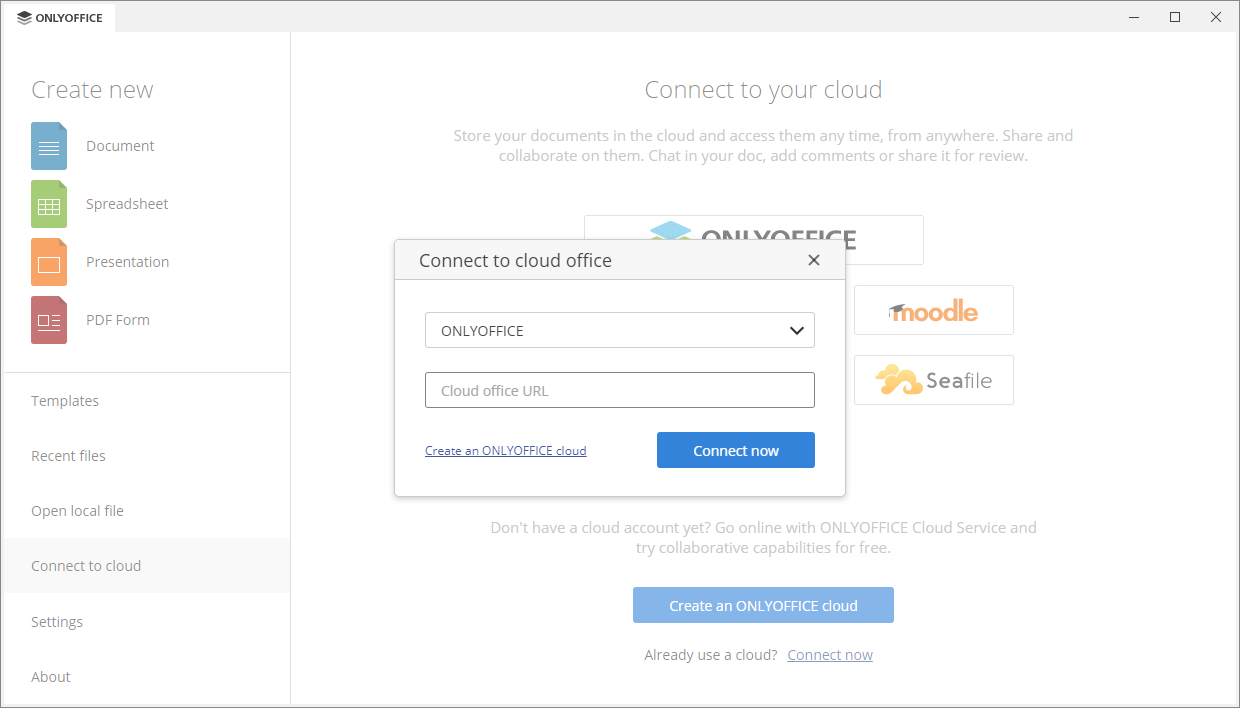 Connect to cloud tab