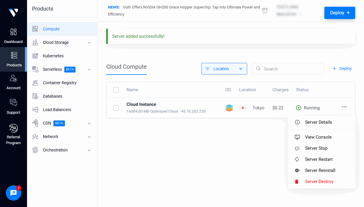 Create your instance in Vultr
