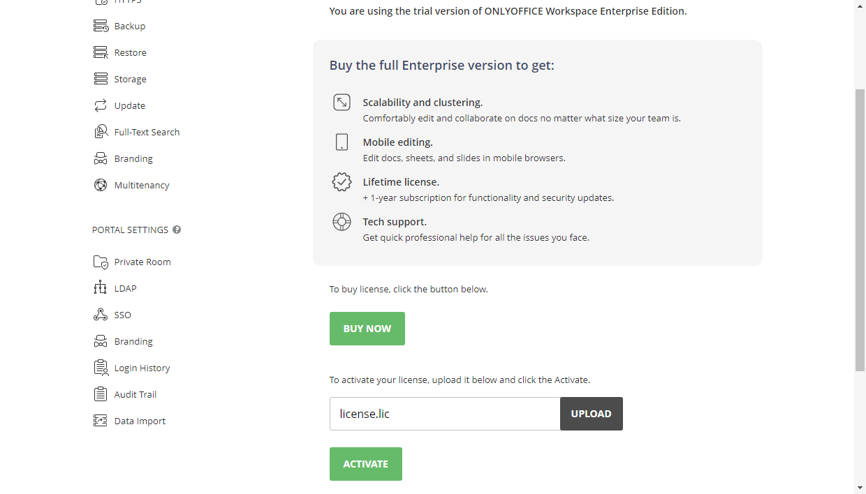 Activate ONLYOFFICE Workspace Enterprise Edition