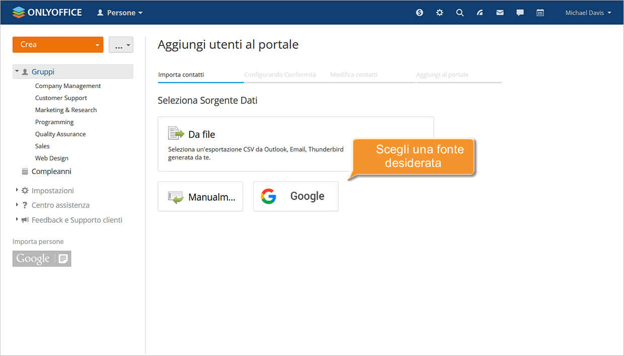 Come aggiungere utenti usando i dati di contatto da Google? Passo 2