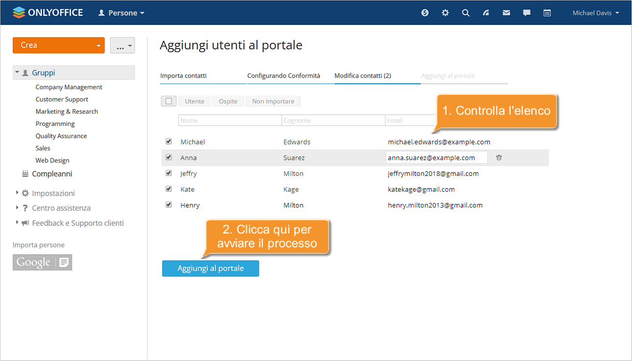 Come aggiungere utenti usando i dati di contatto da un file CSV? Passo 4