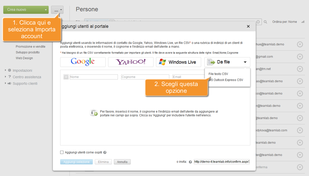Come aggiungere utenti usando i dati di contatto da un file CSV? Passo 3