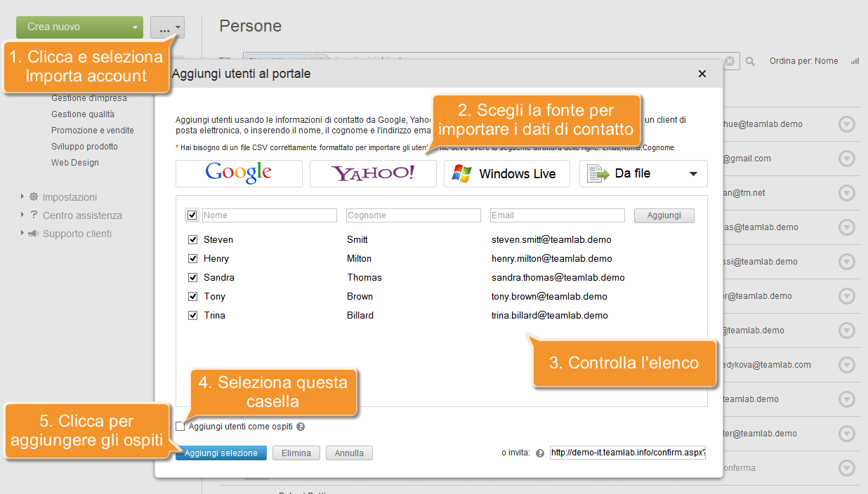Come invitare gli ospiti al tuo ufficio online office? Importare gli account degli ospiti