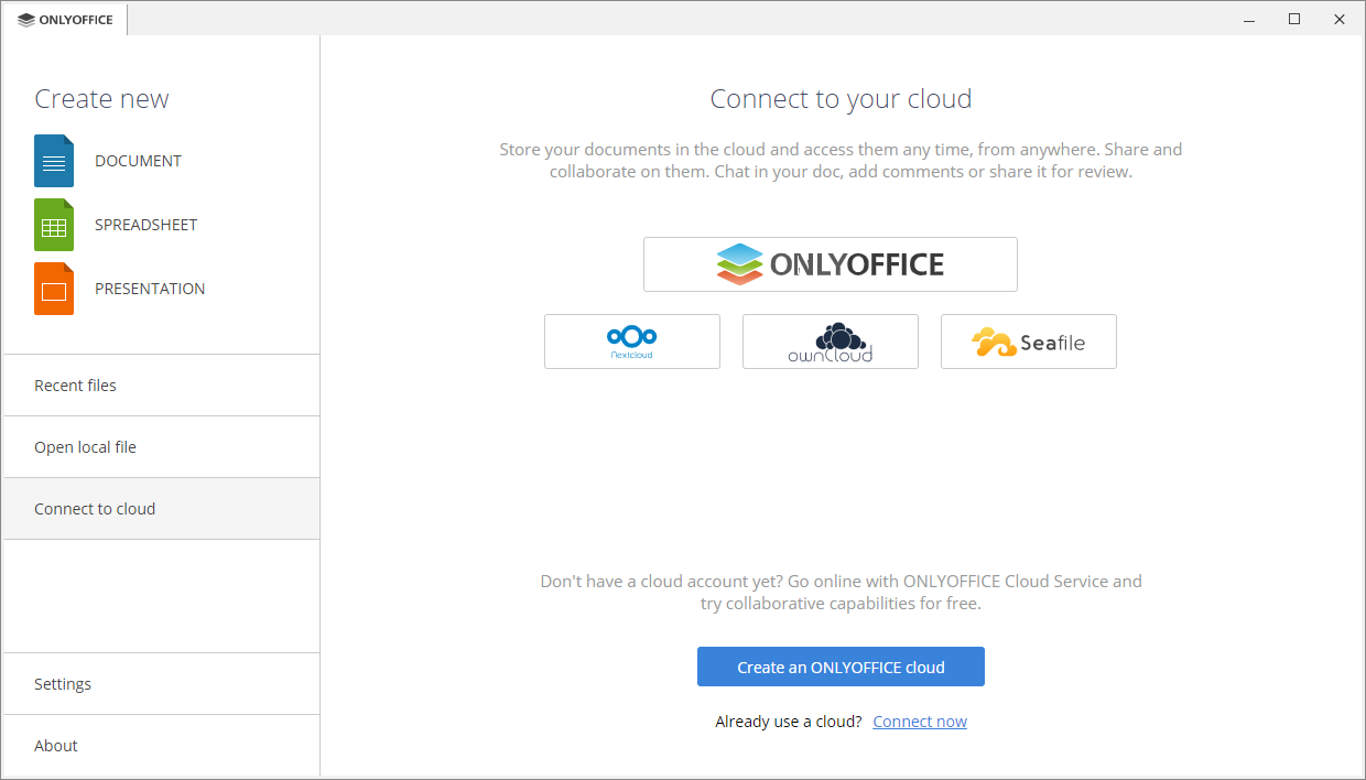Connect to cloud tab